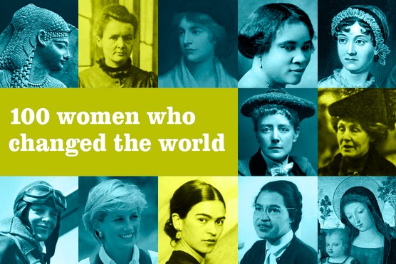 Composite image of famous women: Cleopatra, Marie Curie, Mary Wollstonecraft, Madame CJ Walker, Jane Austen, Emmeline Pankhurst, Ethel Smyth, the Virgin Mary, Rosa Parks, Frida Kahlo, Diana, Princess of Wales, Amelia Earhart.