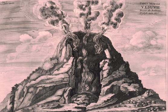 A 17th-century engraving of the Mount Vesuvius eruption of AD 79, by Athanasius Kircher (Photo by Shawshots/Alamy Stock Photo)