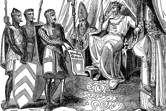An illustration of the barons compelling King John to ratify Magna Carta, 1215. (Photo by The Print Collector/Print Collector/Getty Images)