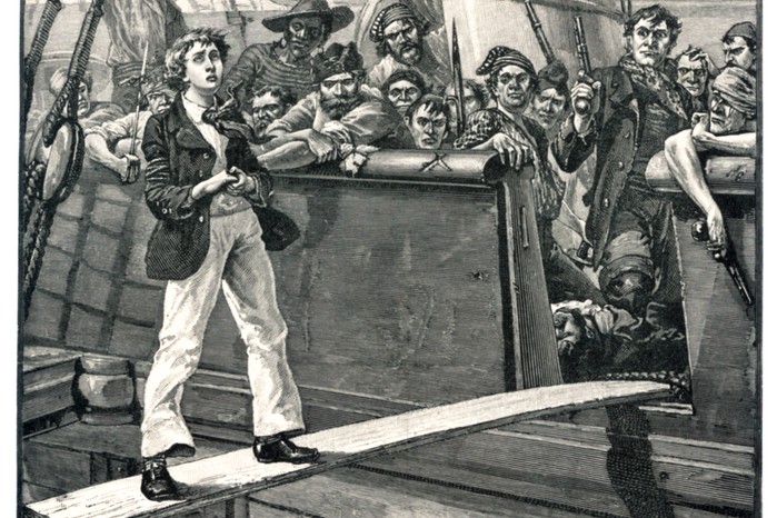 An engraving of a man made to walk the plank by pirates – a fictional fate repeated in books such as Treasure Island. (Photo by Alamy) An engraving of a man made to walk the plank by pirates – a fictional fate repeated in books such as Treasure Island.