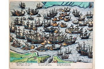 A painting showing the defeat of the Spanish Armada