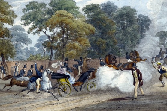 Attempted assassination of Queen Victoria (1819-1901). On the evening of Wednesday 10 June 1840 Victoria and Prince Albert were travelling in a carriage along Constitution Hill near Buckingham Palace, London, when Edward Oxford fired a pistol at the Queen