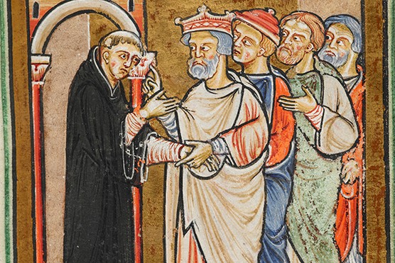 Miniature of Ecgfrith, king of the English, along with his bishop Trumwine, visiting Cuthbert at Lindisfarne