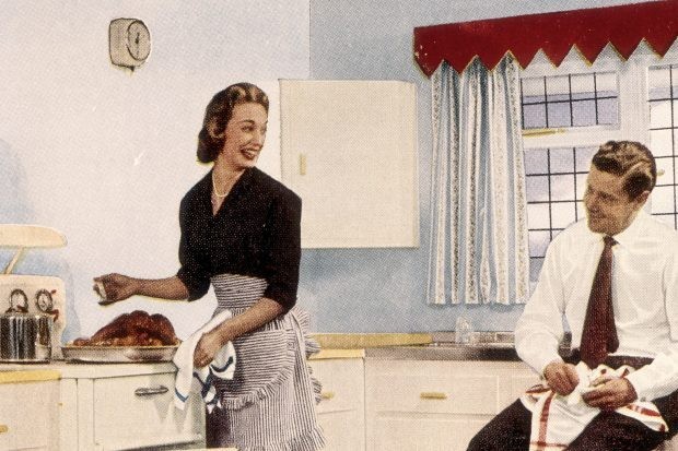 A 1950s advertisement for the paint company Robbialac, depicting a couple preparing food. A 1950s advertisement for the paint company Robbialac, depicting a couple preparing food. (Photo by Getty Images)