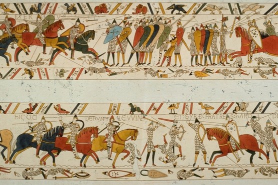 A scene from the Bayeux Tapestry depicting the Norman invasion of 1066. The tapestry was most likely embroidered by women in Norman England in a workshop setting using four embroidery stitches – stem stitch; split stitch; chain stitch; and laid work, sometimes called ‘Bayeux Stitch’, says Dr Alexandra Lester-Makin. (Photo by Hulton Archive/Getty Images)