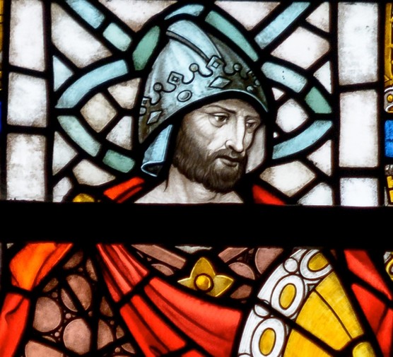 Stained glass in Exeter Cathedral depicting King Æthelstan. (Dreamstime)