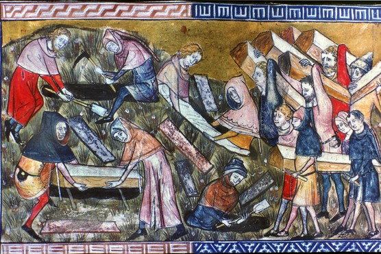 A 14th-century Flemish illustration depicting the burying of plague victims in coffins in Tournai in 1349. (Photo by Granger Historical Picture Archive/Alamy Stock Photo)