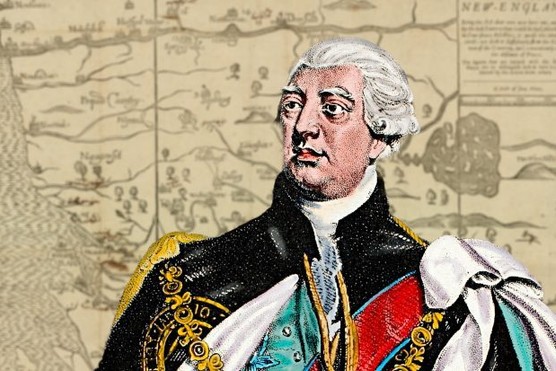 A portrait of King George III overlayed against an 18th century map of America