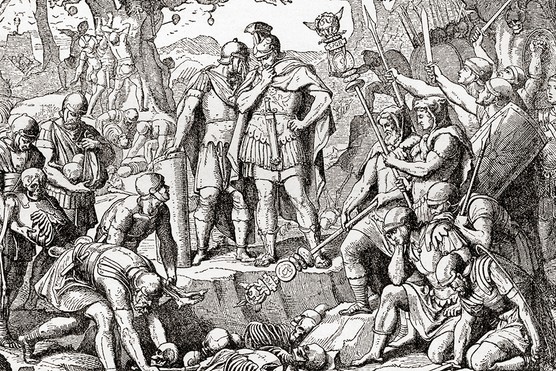 Image depicting Roman general Germanicus oversing the burial of the bones of Romans killed in the battle of Teutoburg Forest