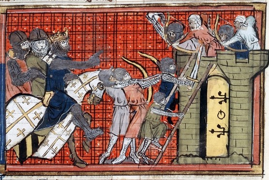 c1754: Siege of a town led by Godefroy de Bouillon (c1060-1100) 1st Crusade (1095-1099), showing Saracens firing arrows at Crusaders as they attempt to scale the walls. From manuscript of Roman de Godefroy de Bouillon. (Photo by Universal History Archive/Getty Images)
