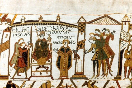 Harold Godwinson is proclaimed king of England in the Bayeux Tapestry. It may have been commissioned by a Norman but this magnificent artwork repeatedly acknowledges the English leader’s piety and courage. (Photo by Universal History Archive/Getty Images)