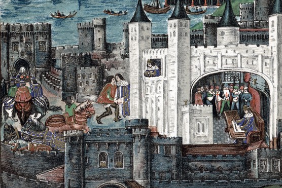 The blue-robed Henry VII pictured performing a variety of tasks at the Tower of London following his accession to the throne, in a contemporary illustration. (Universal History Archive/Getty Images)
