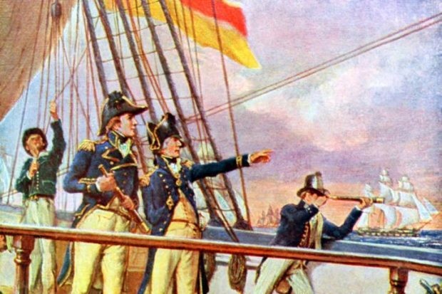 Battle of Trafalgar 21 October 1805 during Napoleon Wars. British fleet defeated Franco-Spanish fleet. Artist's impression of Nelson on the deck of 'HMS Victory'. An illustration of the battle of Trafalgar during the Napoleonic Wars.