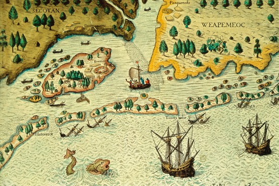 A coloured engraving from the 16th century depicting Walter Ralegh's arrival in Virginia. (DeAgostini/Getty Images)