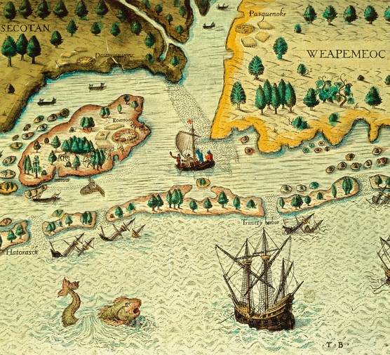 A coloured engraving from the 16th century depicting Walter Ralegh's arrival in Virginia. (DeAgostini/Getty Images)