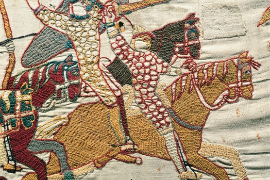 Norman cavalry on the charge in the Bayeux Tapestry. (Image by Bettmann/Getty Images)