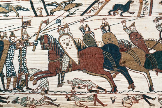 A scene from the Bayeux Tapestry depicting the Norman conquest of England in 1066. (Photo by DEA/M. SEEMULLER via Getty Images)