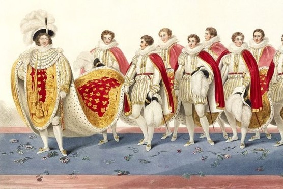George IV's coronation. Many men behind him are carrying his cloak.