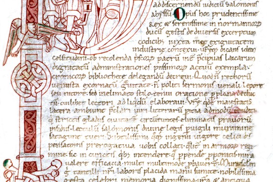 Guillaume de Jumieges, Cesta Normanorum, f° 116, letter with dropped initial, William the Conqueror receives the chronicler's manuscript, 11th century, France, Rouen, Bibliotheque Municipale.