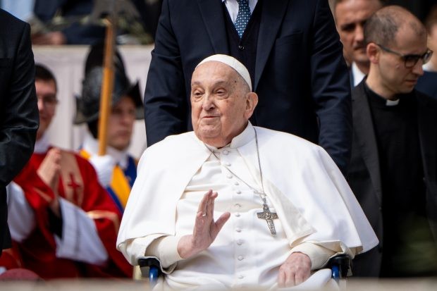 Pope Francis greets wellwishers on Palm Sunday (Photo via Getty) Pope Franics waves to the crowd from a wheelchair
