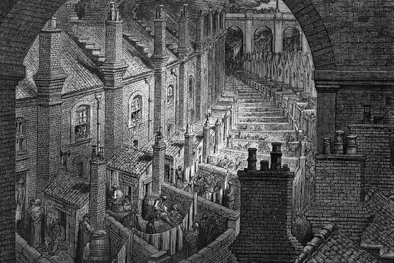 An 1870s illustration of a typical London artisan terraced houses with washhouses, privies and yards leading on to an alley, all dominated by railway viaducts. (Photo by Oxford Science Archive/Print Collector/Getty Images)