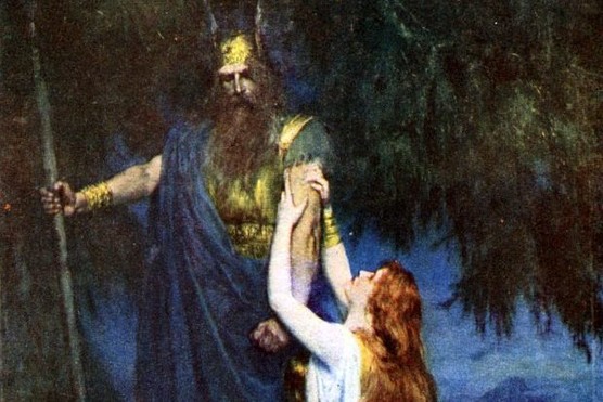 Norse god of war and All-father, Odin, next to Germanic princess Brunhild