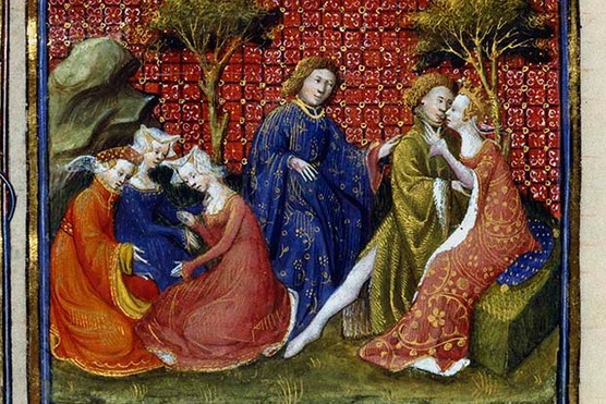 Sir Lancelot of the Lake and Queen Guinevere seen embracing by King Arthur in a medieval illustration