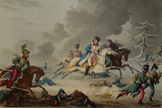 The Flight of Bonaparte from the Battle of Krasnoi, 1815. Artist: Sutherland, Thomas (1785-1838)