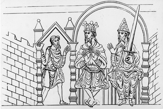 An illustration from an 11th-century manuscript depicting a king and his minister doing justice, c1050. (Photo by Hulton Archive/Getty Images)
