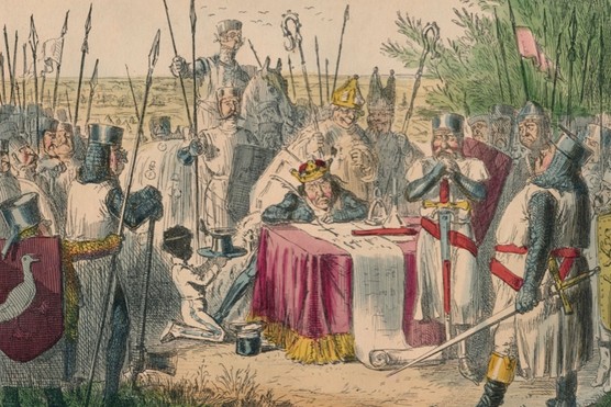 A c1850 satirical illustration of King John signing Magna Charta. (Photo by the Print Collector/Getty Images)