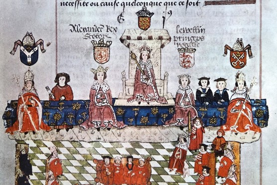 Edward I in parliament with the Archbishop of Canterbury; King Alexander III of Scotland; the Welsh Prince Llywelyn ab Gruffydd and the Archbishop of York. From the Wriothesley MS, 1523, published in ‘The Island Race’, a 20th-century book written by Sir Winston Churchill covering the history of the British Isles from the pre-Roman times to the Victorian era. (Photo by Universal History Archive/UIG via Getty Images)