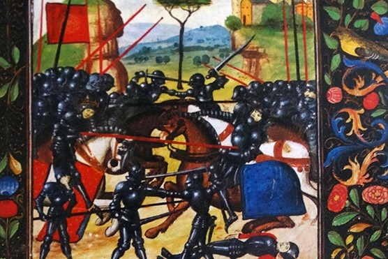 Battle of Barnet: This lively, if inaccurate, 15th- century illustration of the shows a coronet- wearing Edward skewering Warwick with his lance