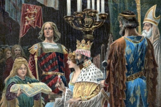 Edward II during the coronation ceremony with Queen Isabella in Westminster Abbey.
