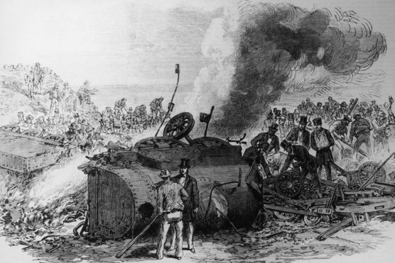 An artist's impression of the scene on the track, hours after the Abergele Train Disaster, a carriage is on its side and smoke billows from the wreck