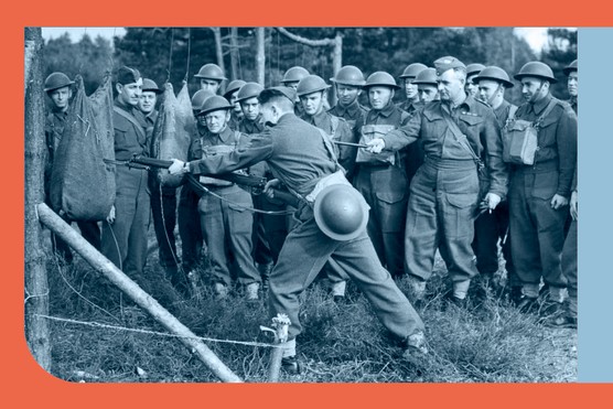 To the point: soldiers prepare themselves for hand-to-hand combat by learning bayonet skills. (Photo by Fox Photos/Getty Images)