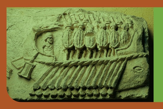 A cast of a Roman warship carrying armed soldiers. (Photo By DEA / G. NIMATALLAH/De Agostini/Getty Images)
