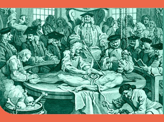 The surgeon Robert Liston prepares to cut open a patient in the first half of the 19th century. Known as the “fastest knife in the west end”, Liston could remove a leg in less than 30 seconds. For most patients, however, the agony was more prolonged. (Wellcome Library, London)