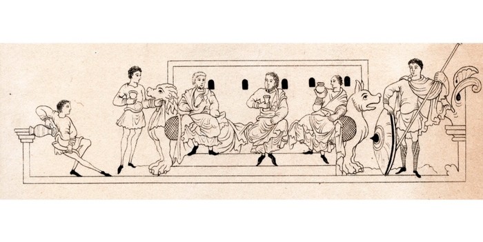Copy of a manuscript showing people drinking in honour of the pagan goddess Eostre in April. From 'The Seasons' c1050 (1843). (Photo by The Print Collector/Print Collector/Getty Images) Drinking in honour of the pagan goddess Eostre
