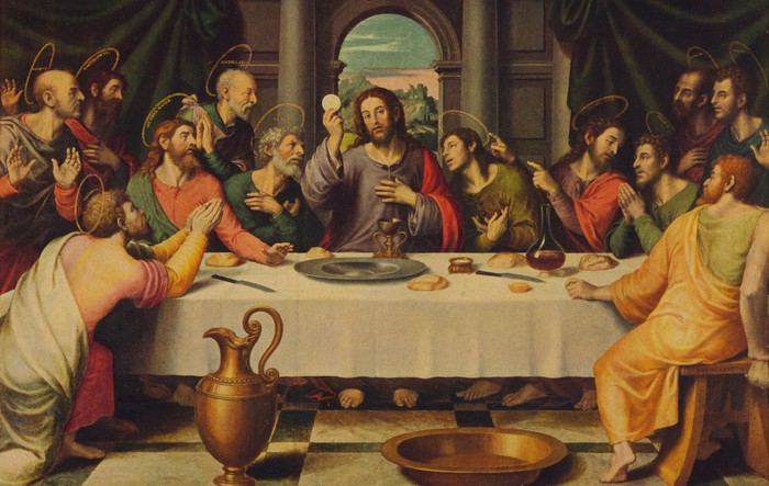 'La Sagrada Cena' (The Last Supper), 1562 (c1934), commissioned for the high altar of the church of San Esteban of Valencia. Jesus sits with his apostles consecrating the sacred host at The Last Supper and final meal shared with his Apostles in Jerusalem before his crucifixion. (Photo by The Print Collector/Getty Images) The Last Supper
