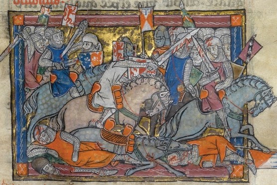 An illustration depicting King Arthur fighting the Saxons, from the Rochefoucauld Grail. The absence of a clear and present origin for King Arthur has created a ‘void’ which many are keen to fill, says Miles Russell. (Photo by Fine Art Images/Heritage Images/Getty Images)