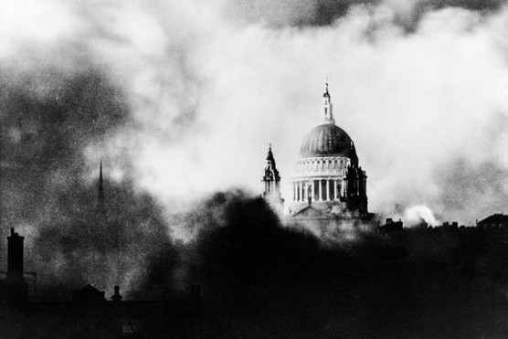 St Paul's Cathedral photographed through the smoke after a night when the German air force bombed London