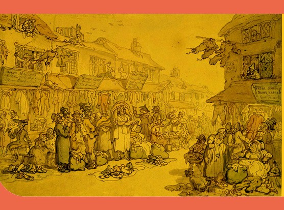 An ink drawing of a London 'rag fair' where old clothes and textiles were traded, c1800
