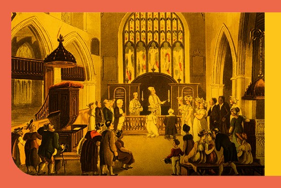 A Regency parson officiates at a wedding ceremony in a country church, 1820