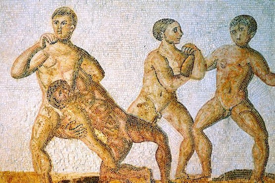 A mosaic panel depicting Roman wrestlers.