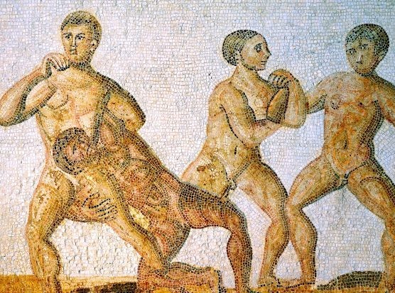 A mosaic panel depicting Roman wrestlers.