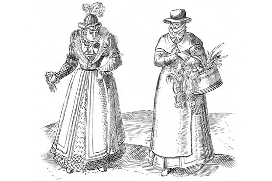 English countrywoman (right) with a lady of the court. From ‘Civitates Orbis Terrarum’, 1572. (Photo by Ann Ronan Pictures/Print Collector/Getty Images)