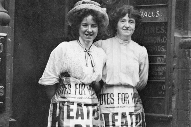Photo of Mabel Capper and Patricia Woodlock advertising a meeting, Manchester, Lancashire, July 1908