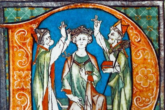 An illustration of King Arthur's coronation, from the 13th-century Flores Historiarum