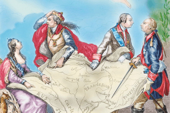 A 1773 allegorical engraving of the three powers partitioning Poland