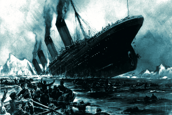 A depiction of Titanic’s final moments, as the ship sinks and passengers watch from a lifeboat